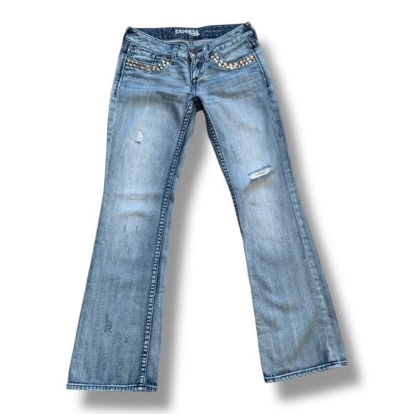 Y2K Express Stella Boot Cut Low Rise Studded Distressed Blue Jeans Medium Wash - Picture 2 of 14